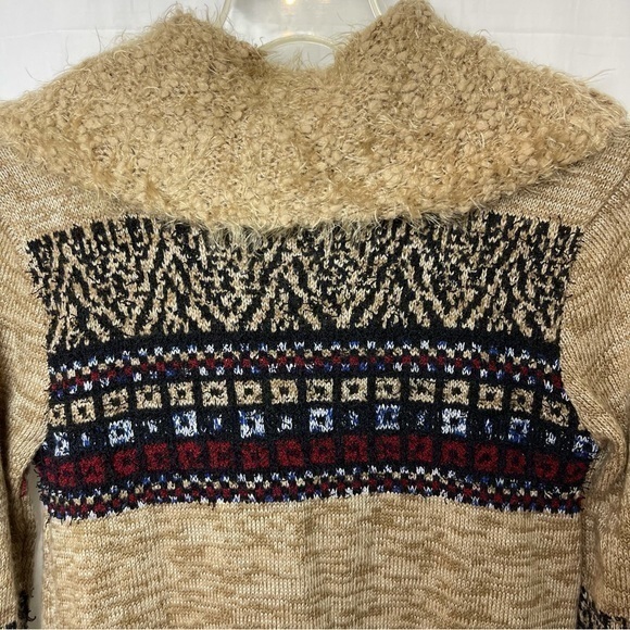 Umgee New Long Cardigan Sweater Tan W/Tribal Block design Cool Collar Sz.Small - Picture 4 of 8